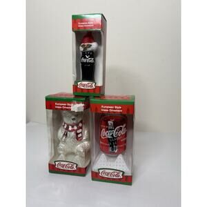Kurt Adler Coca-Cola European Style Glass Ornaments Polar Bear Can Bottle NEW